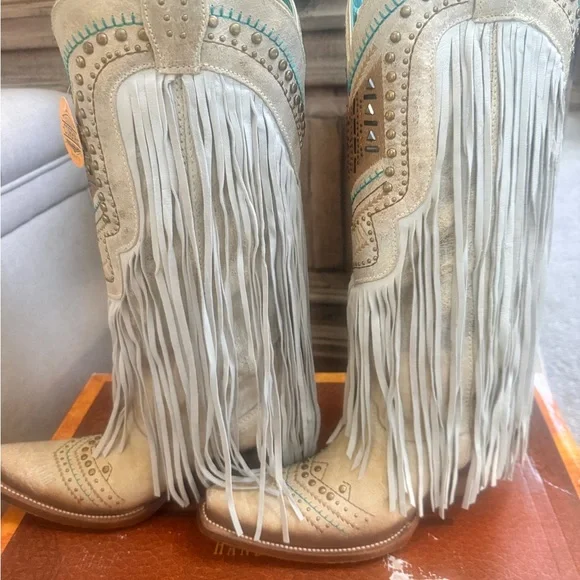 New Corral Crystal Embroidered Fringe Snip Toe Boots 8.5 Bone Multi - Picture 5 of 9